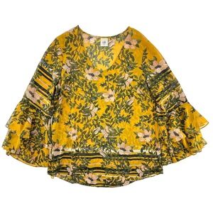 Cabi Womens Blouse Medium Yellow Floral Ruffle Sleeve Boho Flowy Top